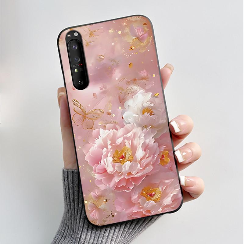 Hülle für Sony Xperia 1 II 1 III Luxus Mode Schmetterling Blume Schwarzes Silikon TPU Weiche Handyhülle für Sony 1II 1III Rückseite