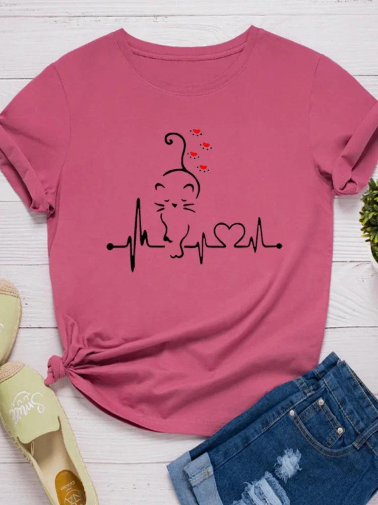 Cat Heartbeat Print Women T Shirt Short Sleeve O Neck Loose Women Tshirt Ladies Tee Shirt Tops Clothes Camisetas Mujer