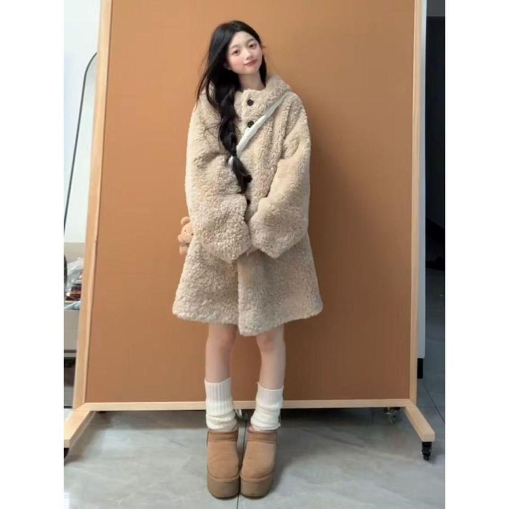 Lamb Wool Hooded Thick Coat with Fur Trim - 2025 Korean Style Mid-Length Fluff.