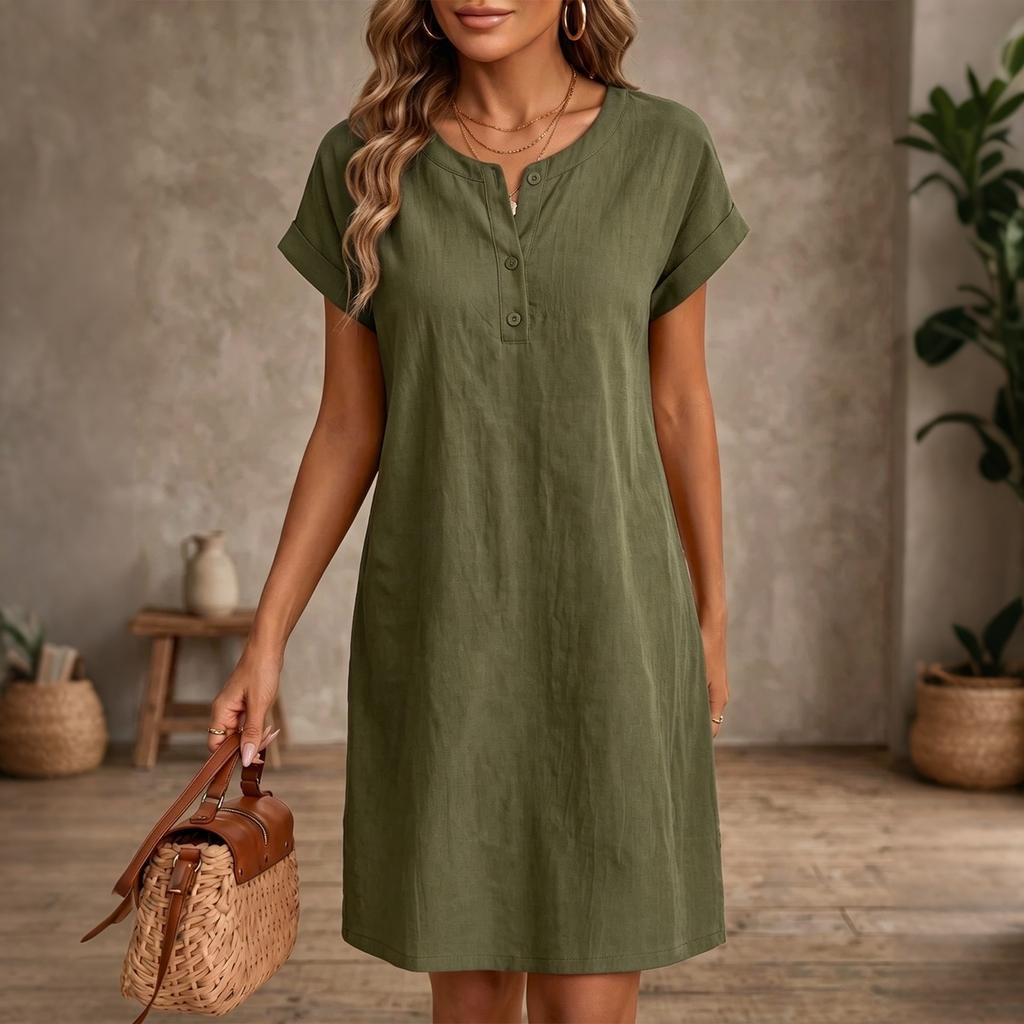 Damen Lässiges Locker Geschnittenes Pulloverkleid Kurzarm Knopfleiste Vorne Rundhals Entspannte Passform Sommerkleid