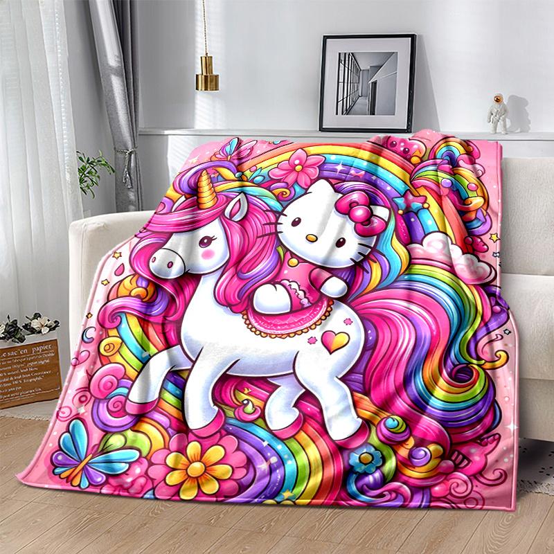 1pc Hello Kitty Riding a Unicorn Cartoon Blanket, Soft Throw for Home Decor, Gift Idea, Living Room, Travel, Camping, Car Blankets, Beach, Office Naps