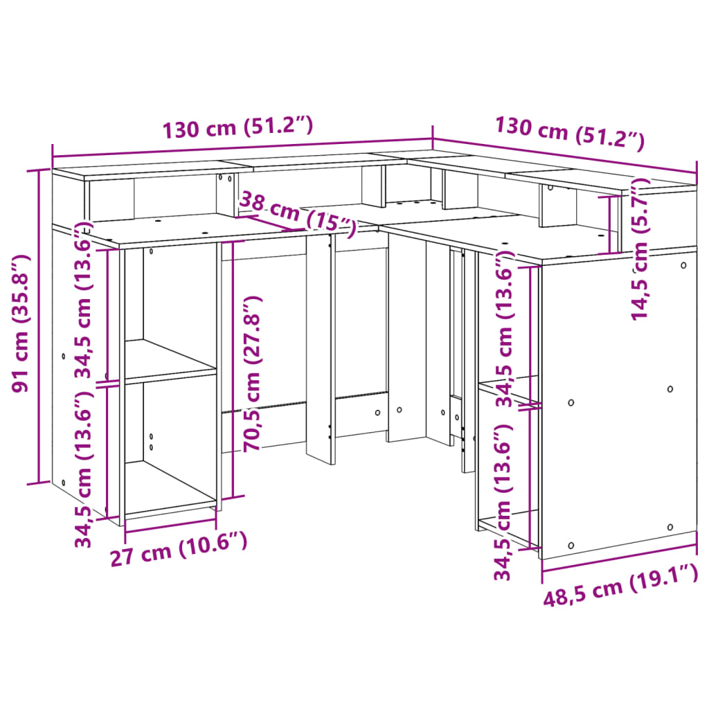LED Desk in Sonoma Oak Finish 130 x 130 x 91 cm Particleboard