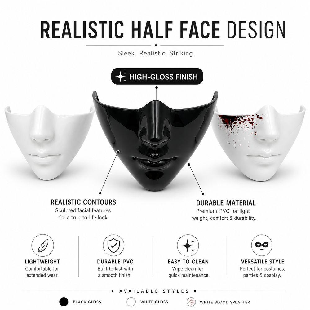 Lightweight Shell Half Face Mask Smooth Edges Realistic Face Fashion Masquerade Mask