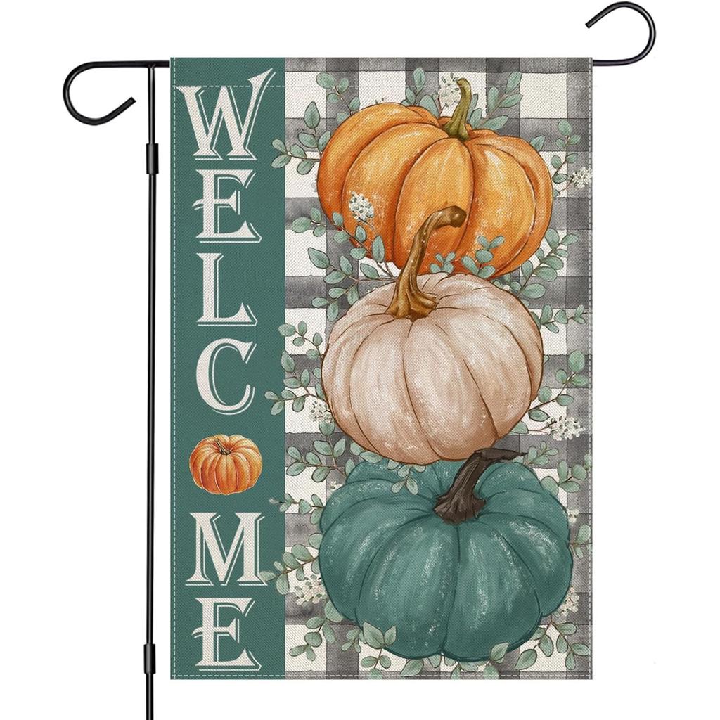 Fall Garden Flags Outside, Welcome Pumpkins Small Seasonal Decor Harvest Autumn Thanksgiving Holiday Yard Outdoor Double Sided