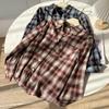 Women's Retro Plaid Brushed Shirt, Autumn/Winter Korean Style, Color Block, Loose Polo Collar, Thick Casual Top.