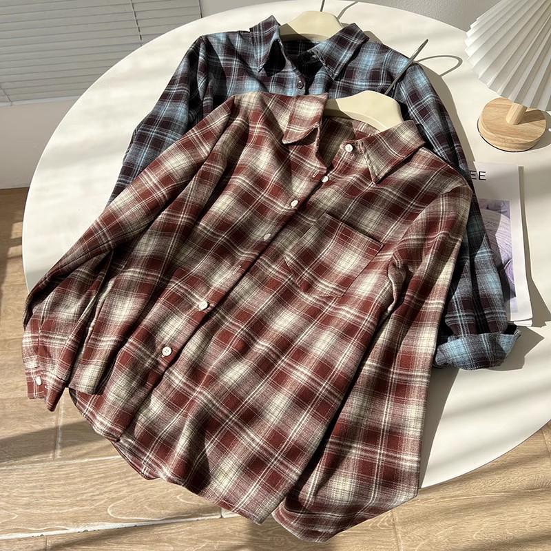 Cămașă de damă retro în carouri periată, stil coreean de toamnă/iarnă, bloc de culoare, cu guler polo larg, top gros casual.