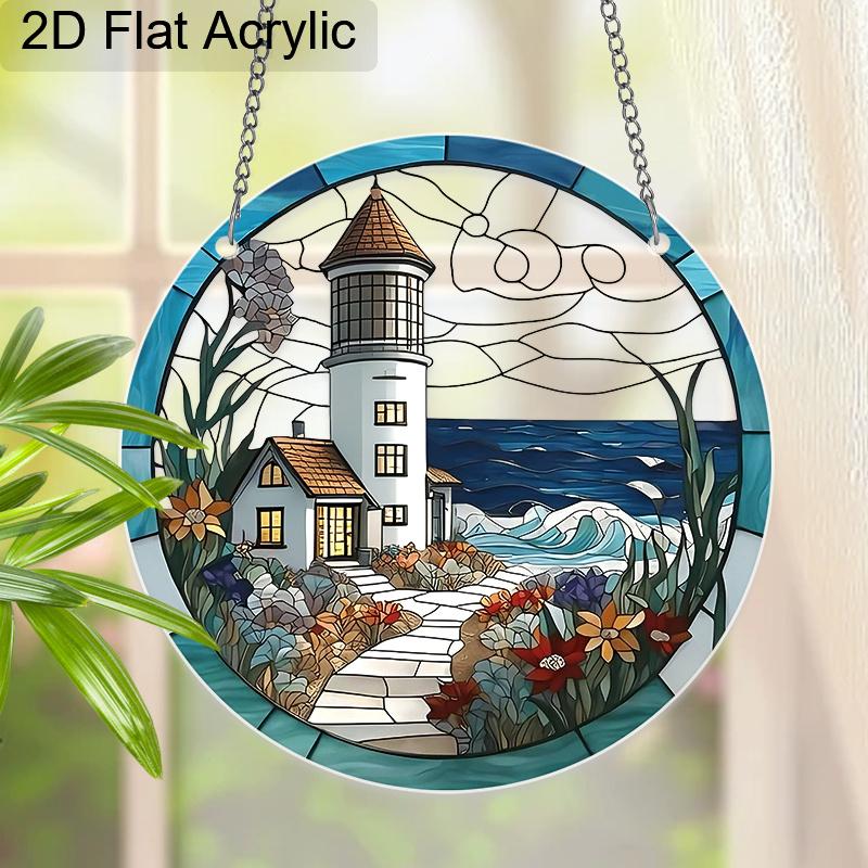 Acrylic Coastal Lighthouse with Ocean and Flowers Suncatcher, Stained Glass Effect Window Hanging Ornament for Nautical & Beach Lover Gifts