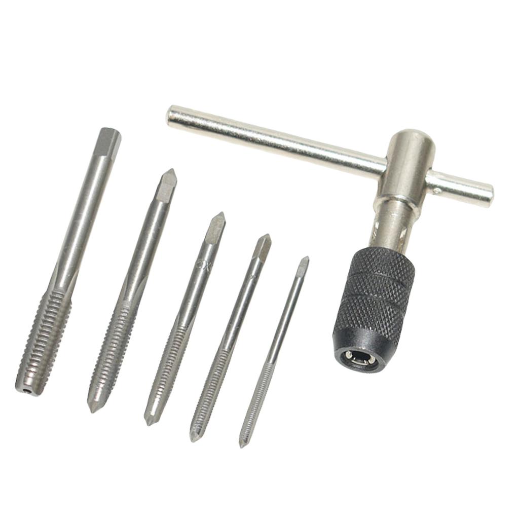 3-6mm T Shaped Tap Wrench Set with 5 Hand Taps Tapping Screwdriver Wrench for M3 M8 Threading Tasks