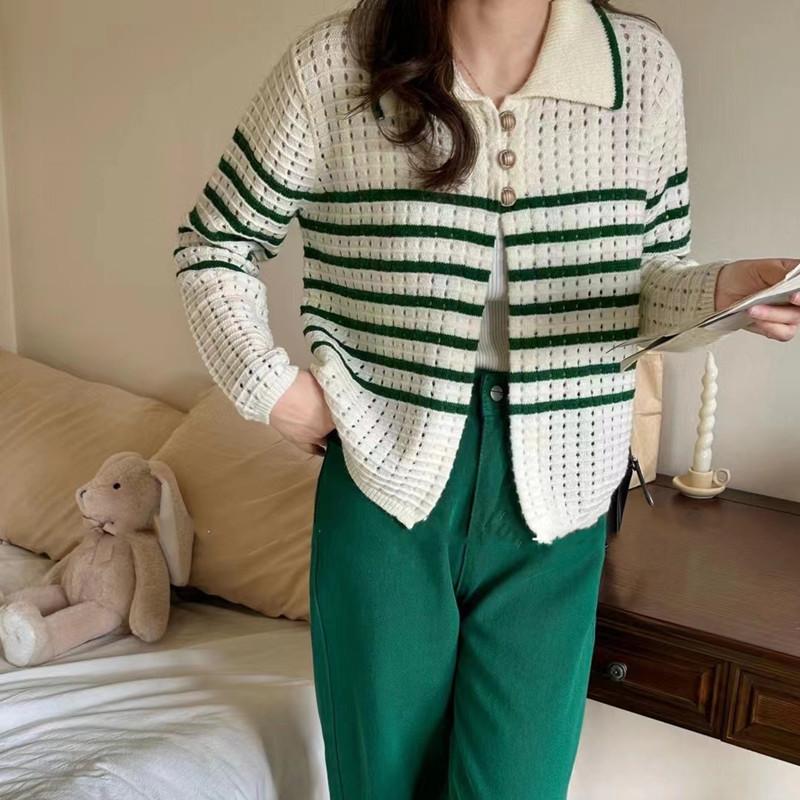 

Полый полосатый вязаный кардиган для женщин Осень Зима Шикарный и милый пикантный короткий свитер-пальто 3XL