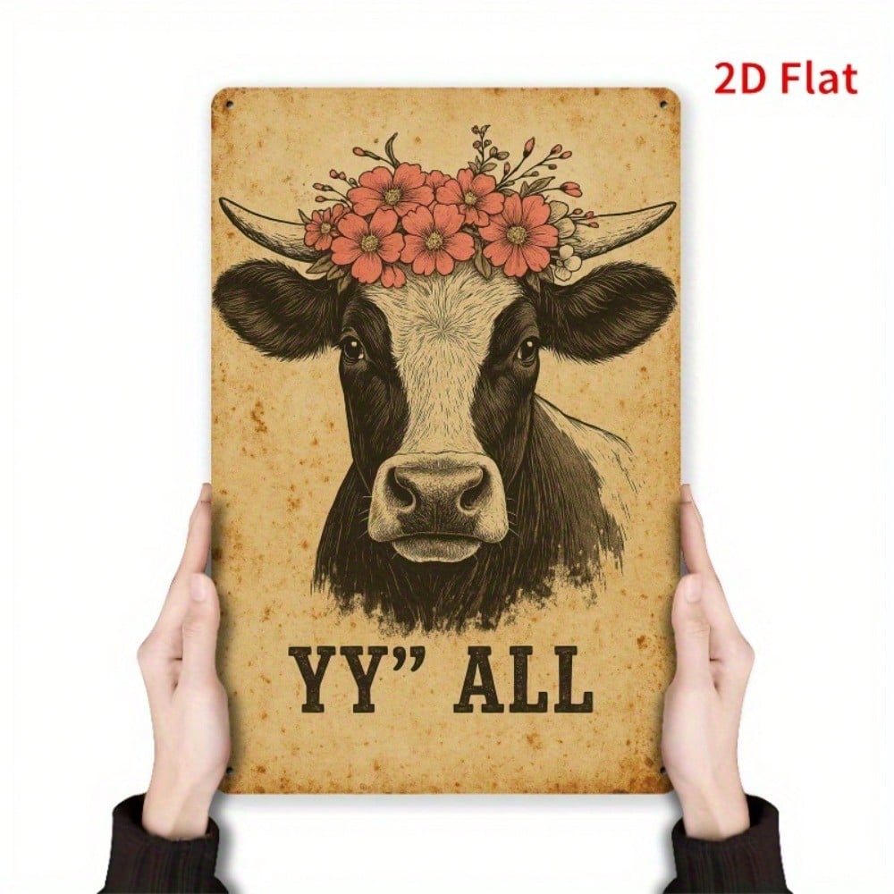 Metal Wall Art Vintage Cow Flowers Poster for Garage Kitchen
