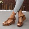 Fashion Retro Brown Pu Narrow Band Slides Women 2025 Summer Fashion Round Toe Wedge Heel Slippers Elegant Soft Sole Shoes Plus Size 43