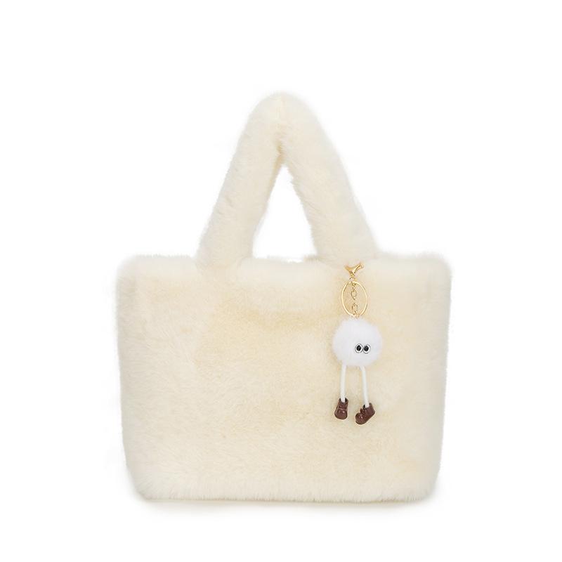 Уютная женская пушистая сумка-тоут - Зима 2025 Нежная плюшевая большая мягкая сумка Without charms белый