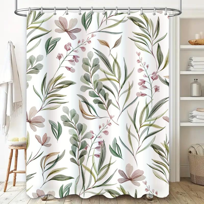 Chic Floral Shower Curtain Greenery Pink Bloom Design Watercolor Print for Bathroom Decorations 72''x84'' Long Size Polyester Fa