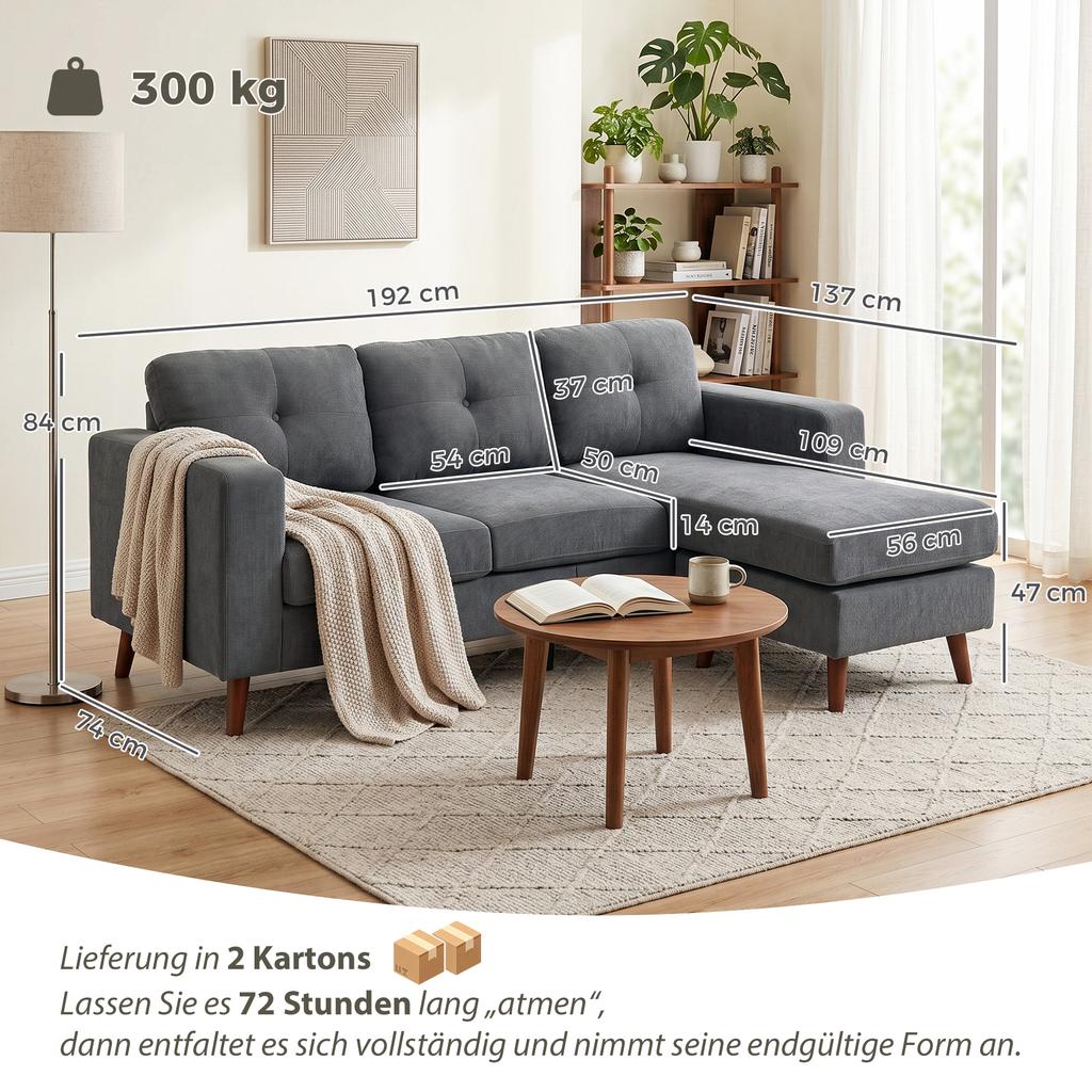 Corner Sofa 192 Cm L-Shaped 3-Seater Sofa with Reversible Chaise Longue, Corduroy Look, for Small Rooms, Dark Grey
