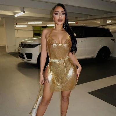 Yaz Giysileri Bling Glitter Kadın Halter Mini Elbise Yan Yarık Backless Bodycon Seksi Streetwear Parti Kulübü Festivali