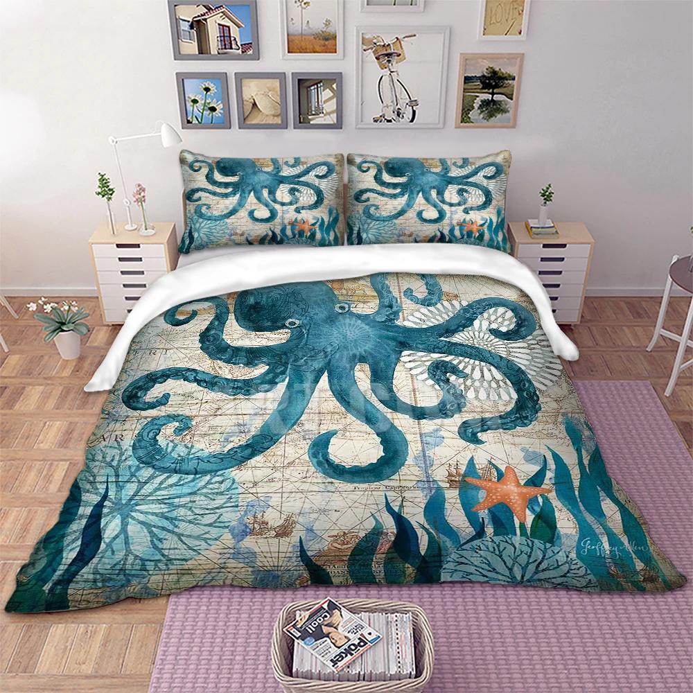3D Starfish,Seaweed Duvet Cover+pillow Case Print Octopus Winter Home Bedding Set King Size Breathable Quilt Cover Set Blue  AQ