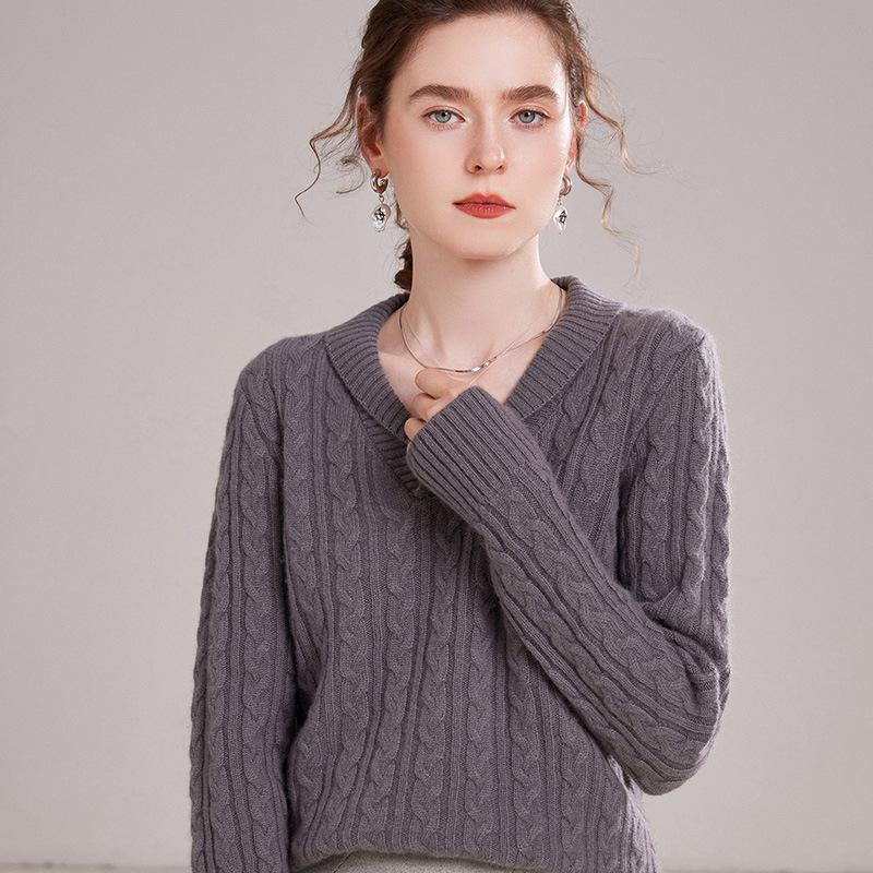 European Women's V-Neck Cashmere Knit Sweater - Thick, Versatile, Short Base Layer