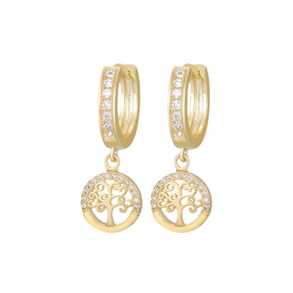 18K Gold Plated Diamond Tree of Life Ear Climbers & Round Pendant Dangle Earrings for Women - Light Luxury Jewelry