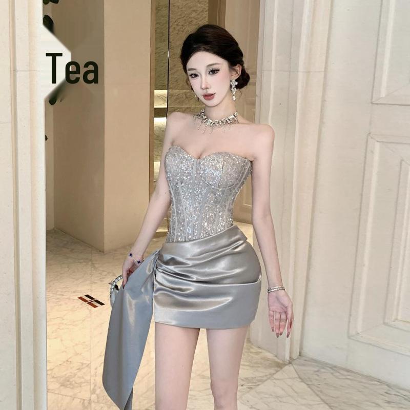 7990 Southeast Asia Women s Sexy Strapless Sequin Patchwork Irregular Dress Small серый