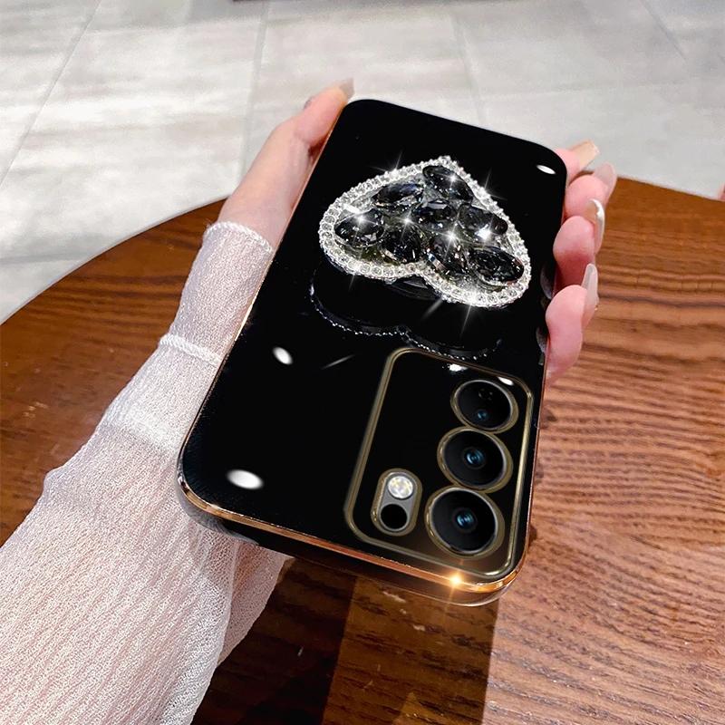 

Fashion Diamond Heart Case For vivo V30 Lite V20 SE V21 V21E V23 V23E V30E V27E V29E V29 Pro Y02S Y20 Plating Bracket Cover Caqa vivo V30&Bracket Cover чорний