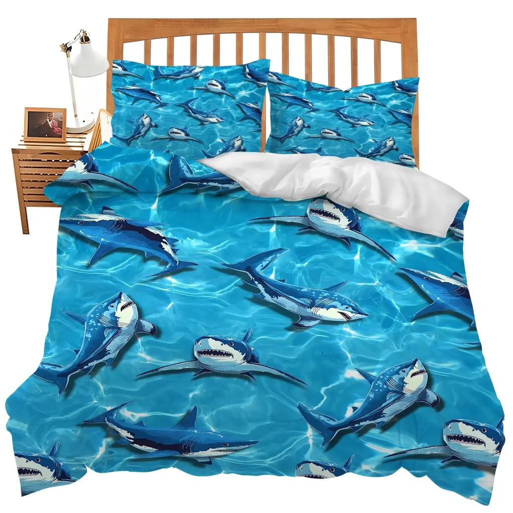 Shark Fish Print Duvet Cover Set Cute Underwater Animals Luxury Soft Bedding Set Children Teens Adults Blue Comforter Cover Sets