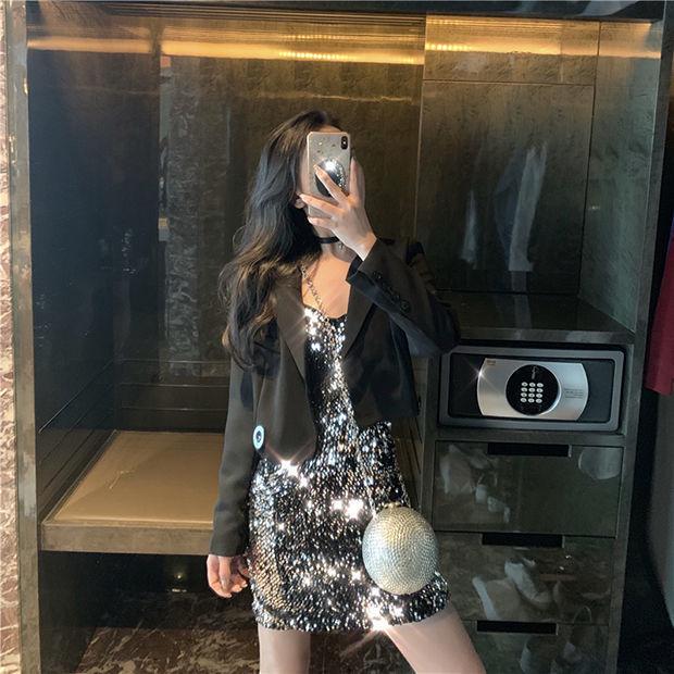 Sequin Camisole Dress with Coat - Women's Autumn/Winter Hip-Wrapping Black Evening Dress