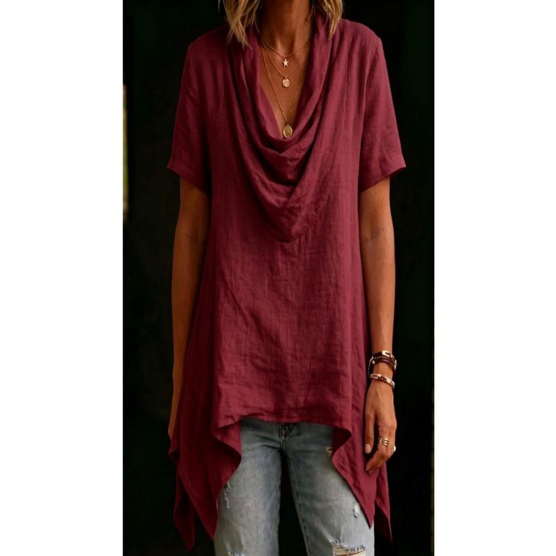 Women Casual Loose Cowl Neck Short Sleeve Asymmetric Hem Solid Blouse