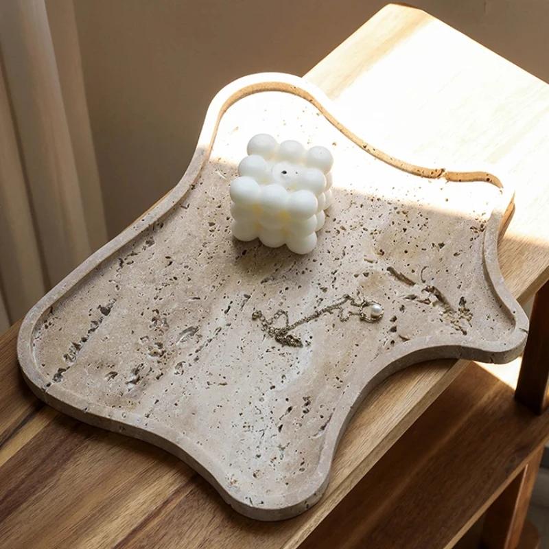 Vintage Travertine Stone Tray, Decorative Jewelry Plate Trinket Dish, Marble Counter Organizer for Bathroom Dresser Coffee Table