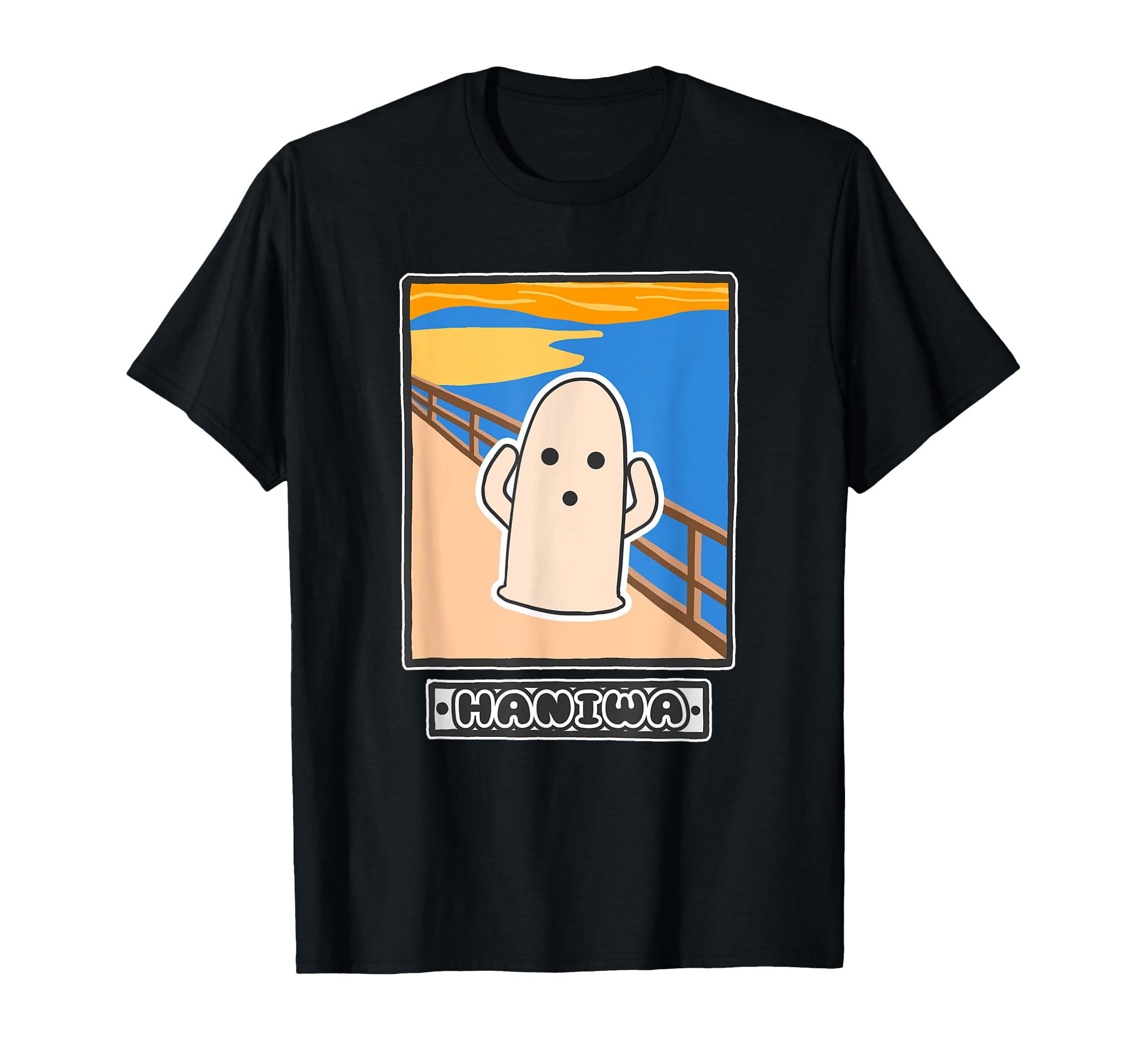 

Scream Haniwa Famous Painting Parody Historical Pottery Character Cute Illustration Funny Haniwa-kun s Munch s [Yuru Friends] T-Shirt чёрный