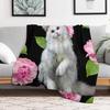 White Kitten and Pink Peonies Flowers Plants Throw Blanket Soft Comfort Blanket for Reading Watching TV