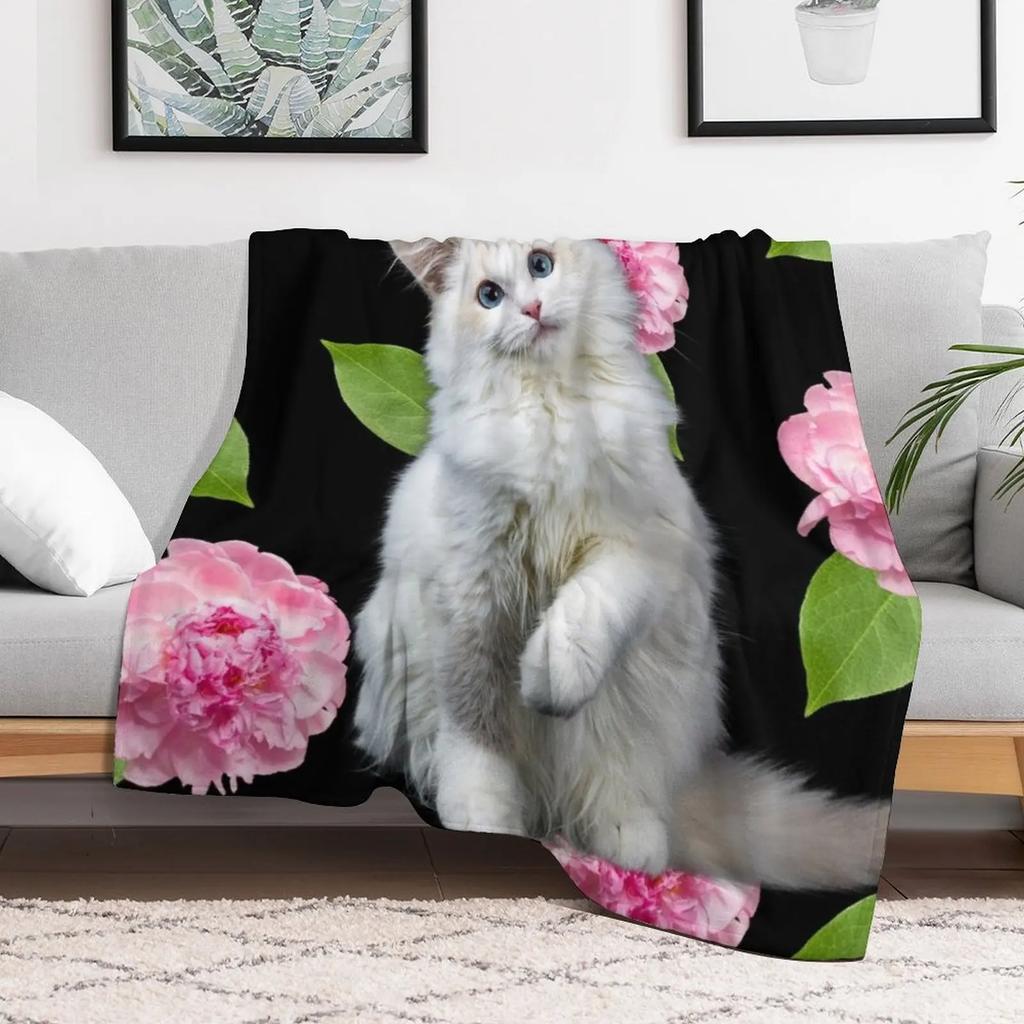 White Kitten and Pink Peonies Flowers Plants Throw Blanket Soft Comfort Blanket for Reading Watching TV