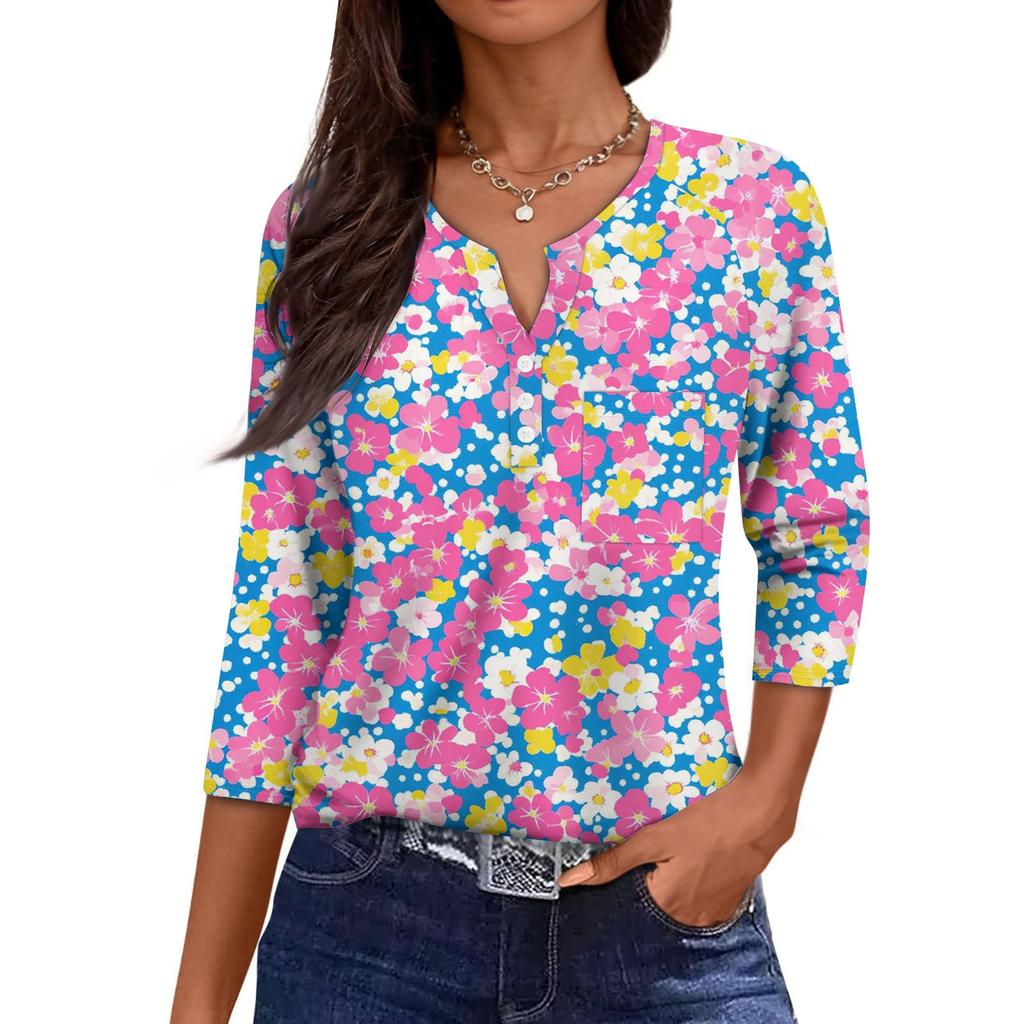 Damska Codzienna Modna Dekolt V Luźna Wszechstronna Kwiatowy Wzór Rękawy Trzyczwarte