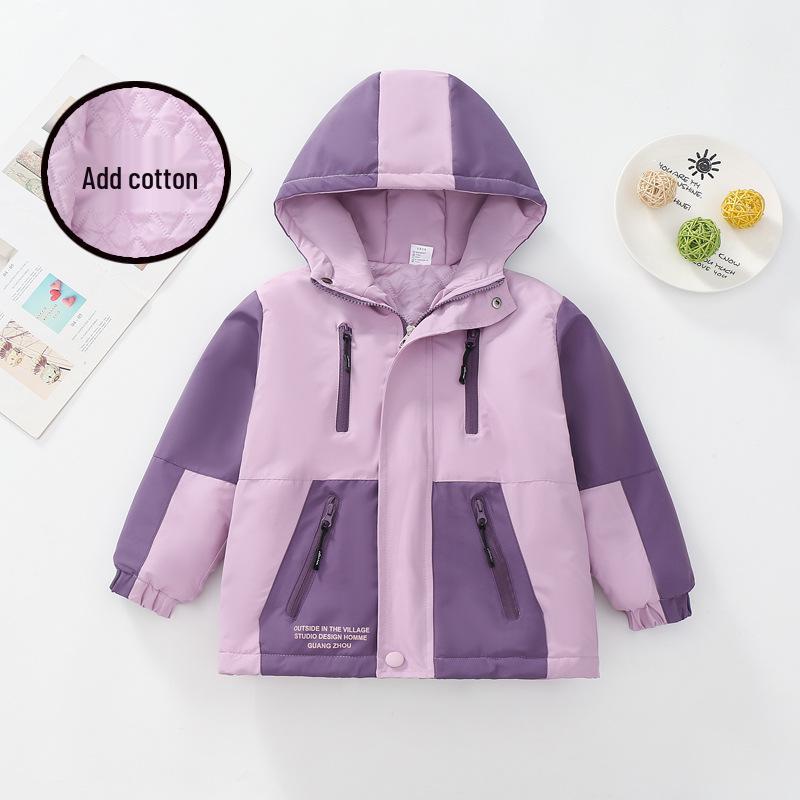 Girls' Fleece-Lined Color Block Windbreaker Jacket, Spring/Autumn, Thick, Windproof, for Medium & Large Children