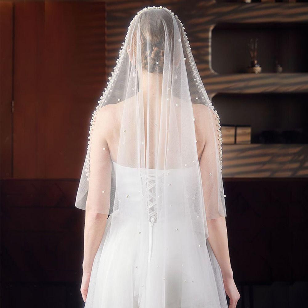 130cm Pearls Tulle Bridal Veil Vintage Waist Length Drop Veil Long Wedding Veil  Wedding Dress