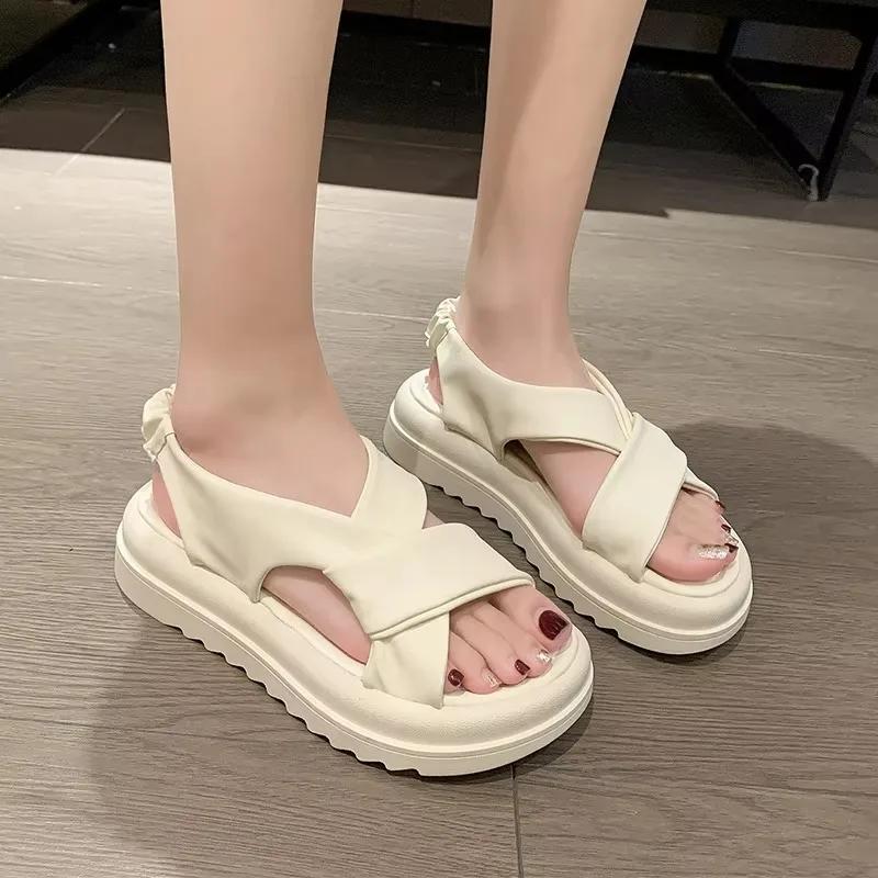 Fashion Women's Sandals Casual 2025 Summer Straight Buckle Open Toe Rubber Sole PU Solid Beach Fashion Sandals Women Sandalias Mujer