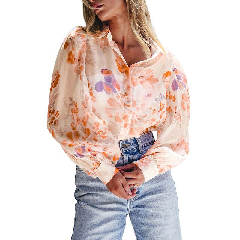 

Fashion Elegant Florals Print Puff Sleeve Shirt Female 2025 Summer New Arrival Perspective Single-Breasted Long Sleeve Tops Female White Florals XL code fits (70.00 kg-75.00 kg