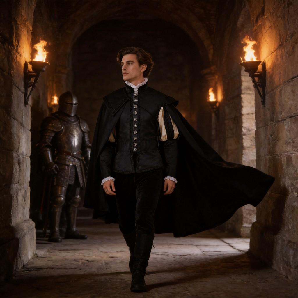 Medieval Renaissance Mens Black Long Robe With Cloak For Formal Events