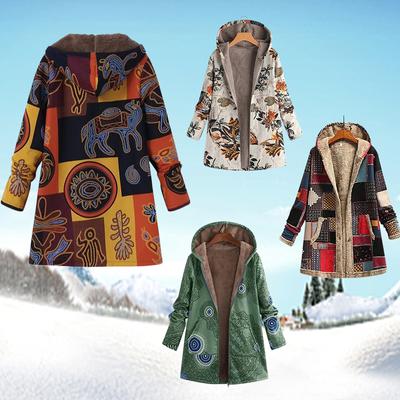 Women Winter Coat Retro Floral Print Hooded Thick Outerwear Plush Zip-up Heat Retention Mid Length Casual Jacket for Daily Wear