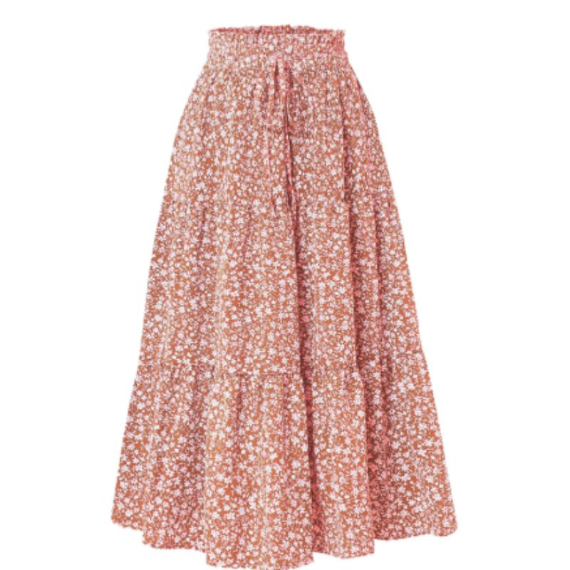 Damenmode, einfarbig, Blumenmuster, Kordelzug, elastische Taille, lockerer langer Rock