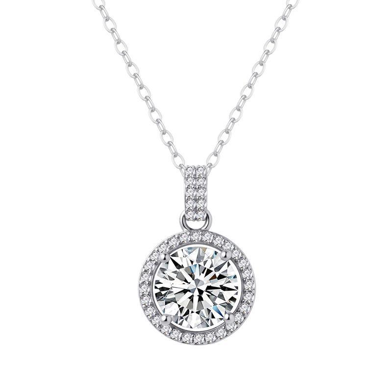 925 Sterling Silver Moissanite Round Necklace with European-American Cross-Border Fashion Lock and Baguette Chain - Elegant Luxury for Women 925 Sterling Silver