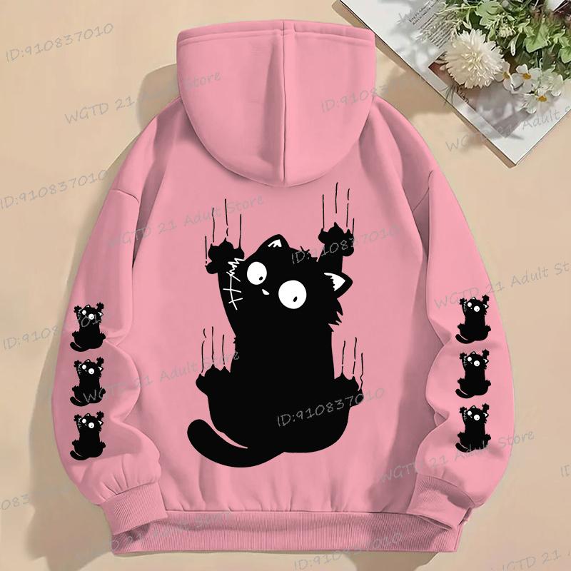 Осень Зима Женская Смешная Толстовка с Принтом Кота Повседневная с Капюшоном на Шнурке с Длинным Рукавом с Карманом Свитшот Мультяшный Кот Женская Одежда 4XL