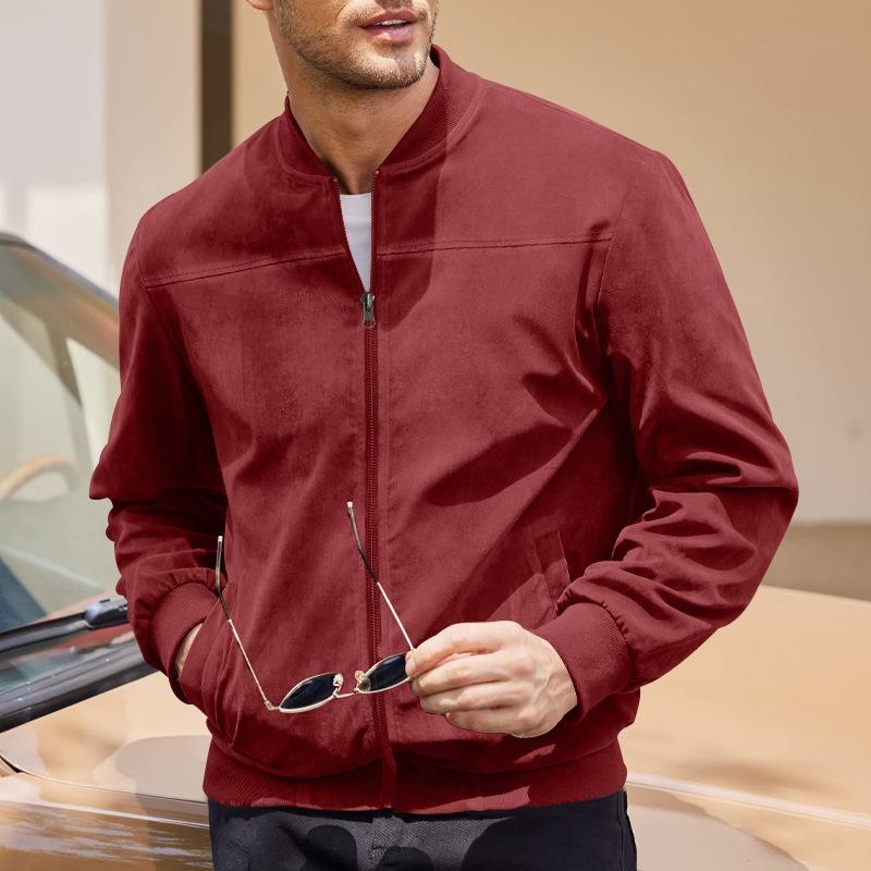 Men Suede Zip Up Jacket Long Sleeve Stand Collar Solid Color Casual Punk Style