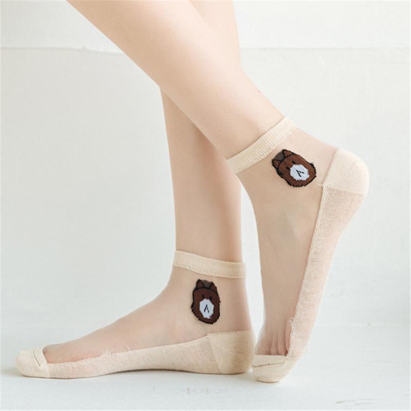 5pais Women Girl Summer Thin Cartoon Bear Female Crystal Silk Socks Transparentsocks Lace Breathable Non-slip Glass Silk Socks