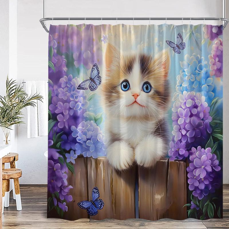 Cute Cat Shower Curtain Pink Cherry Floral Tree Asian Oriental Watercolor Flower Funny Animal Green Grass Bathroom Curtain Decor