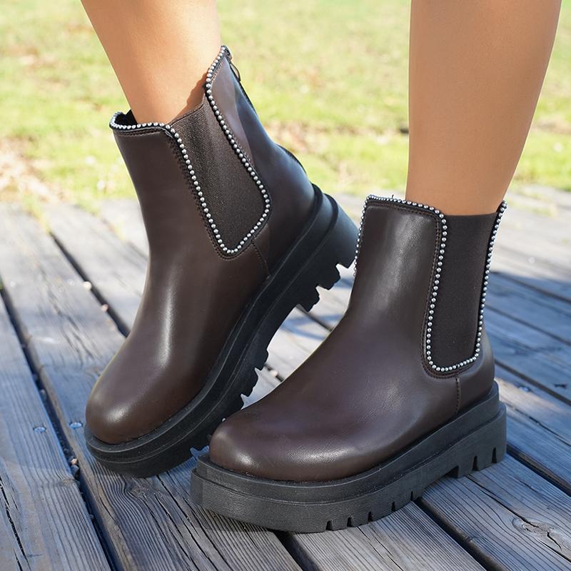 Metal Decoration Thick Sole Chelsea Boots Women Comfort Slip On Platform Ankle Booties Mujer Plus Size Pu Leather Boots Woman 42