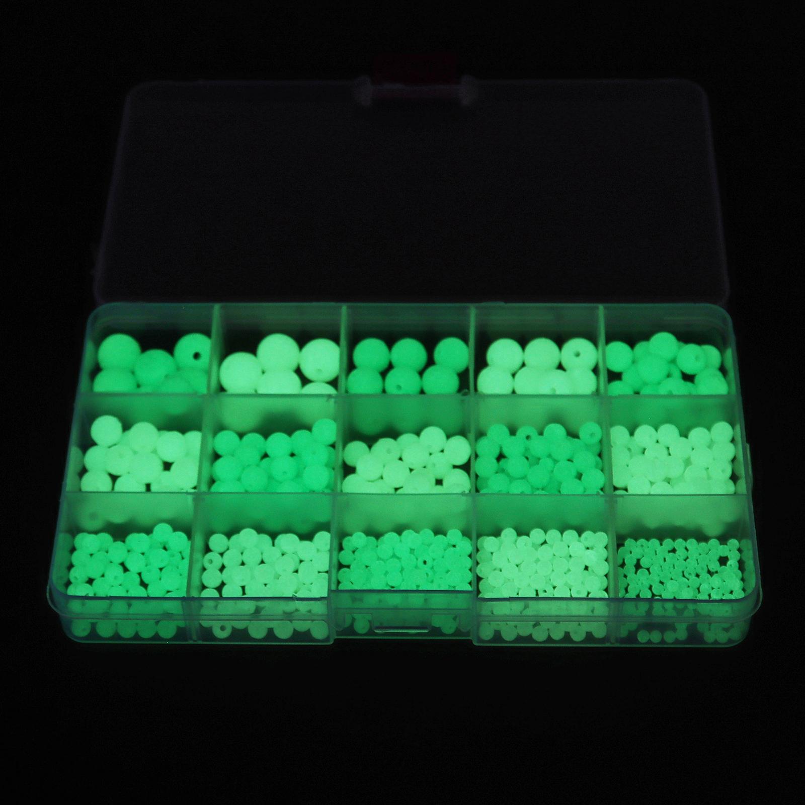 632pcs Glow in The Dark Fishing Beads,Round Luminous Soft Rubber Beads with Plastic Storage Box,Multi-Sizes for Sea Fishing Rig Tying