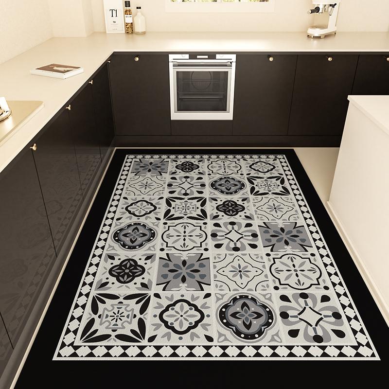 Geometric Pattern Kitchen Carpet Retro Floral PVC Carpets Plaid Ethnic Style Floor Mat Waterproof Non-slip Mats Anti-scratch Rug