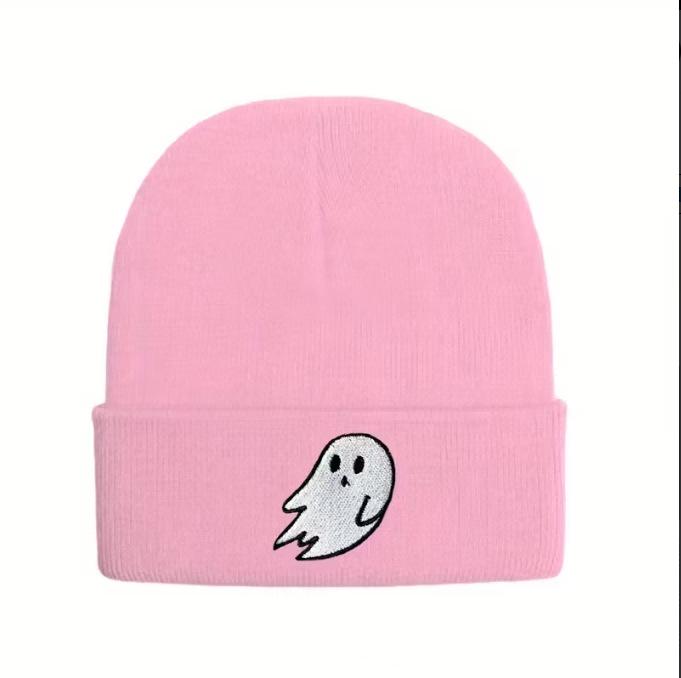 Ghost Embroidery Halloween Knit Beanie for Men & Women - Warm, Trendy Autumn/Winter Street Fashion Hat