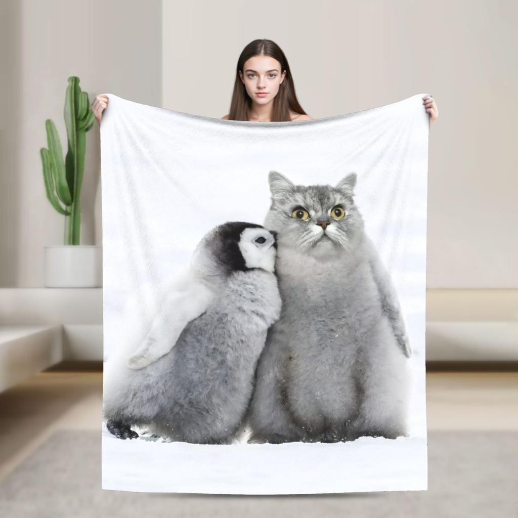 Cute Penguins Famous Meowl Cat Owl Meme Blanket  Warm Soft Plush Throw Blanket For Home Decor Travel Flannel Bedspread Bed Cover