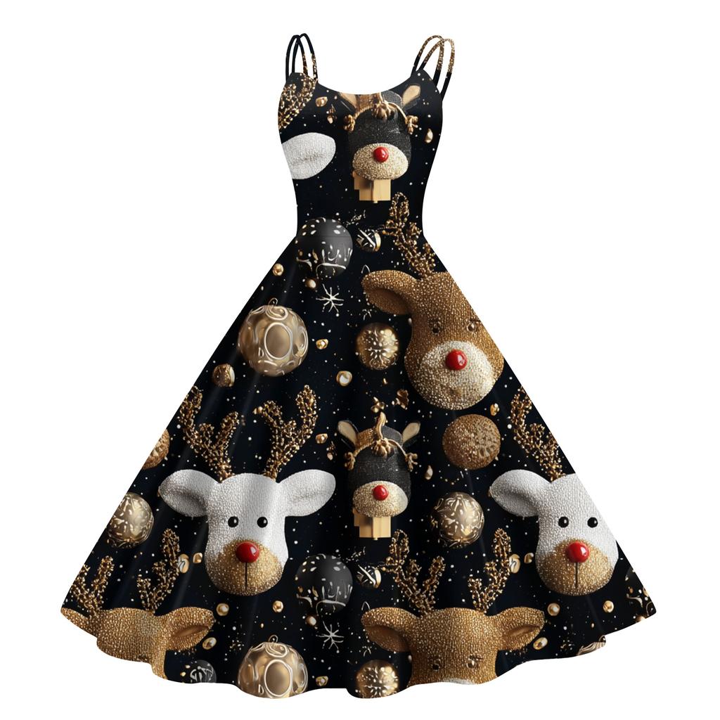 Women's Fashion Casual Christmas Print Sexy Off-the-shoulder Punk Retro Dress